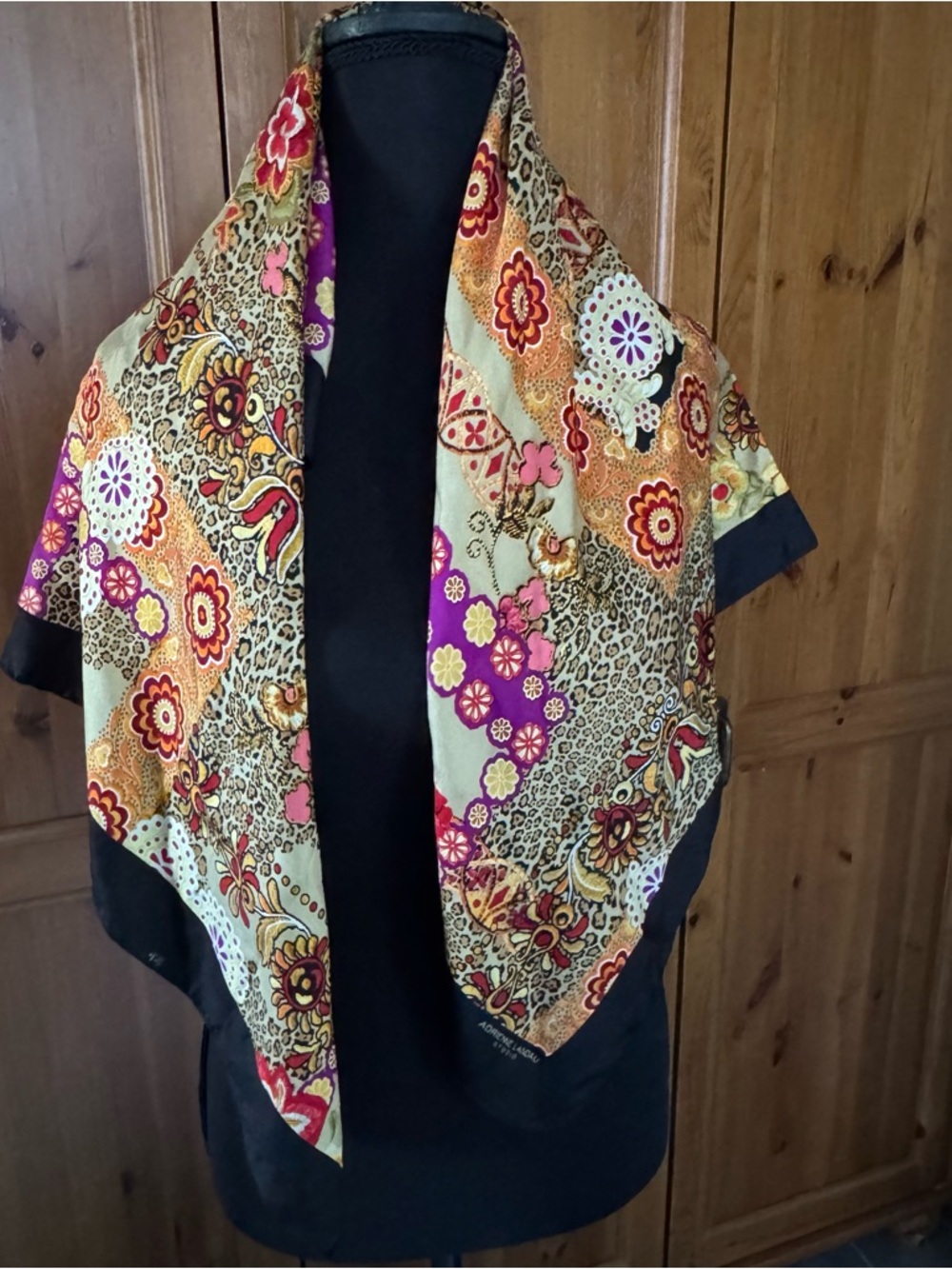 Adrienne Landau Silk Square Black Scarf with Orange, Red and Gold Animal Print